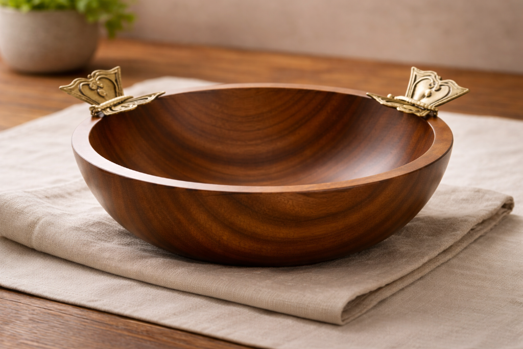 Wooden bowl with gold handles on a beige cloth